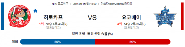 9월 15일 18:00 NPB 히로시마 요코하마 한일야구분석 스포츠분석