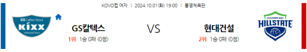 10월1일 19:00 KOVO 컵(여) GS칼텍스 현대건설 국내배구분석 스포츠분석