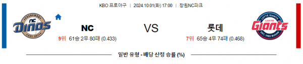 10월 1일 17:00 KBO NC 롯데 한일야구분석 스포츠분석